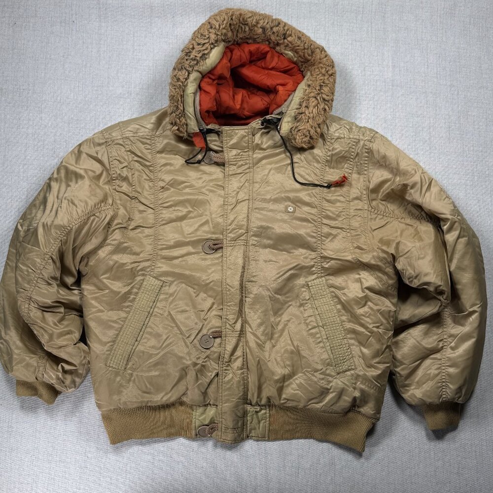 Vintage Y2K Southpole Bomber Jacket Faux Fur Hood Trim Zip Front Khaki Size XL